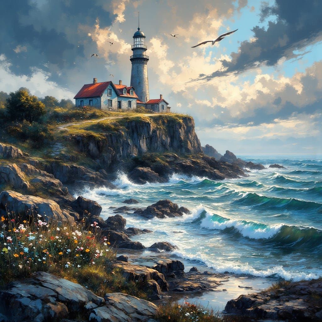 Surreal Coastal Lighthouse Amidst Wildflowers and Seagulls