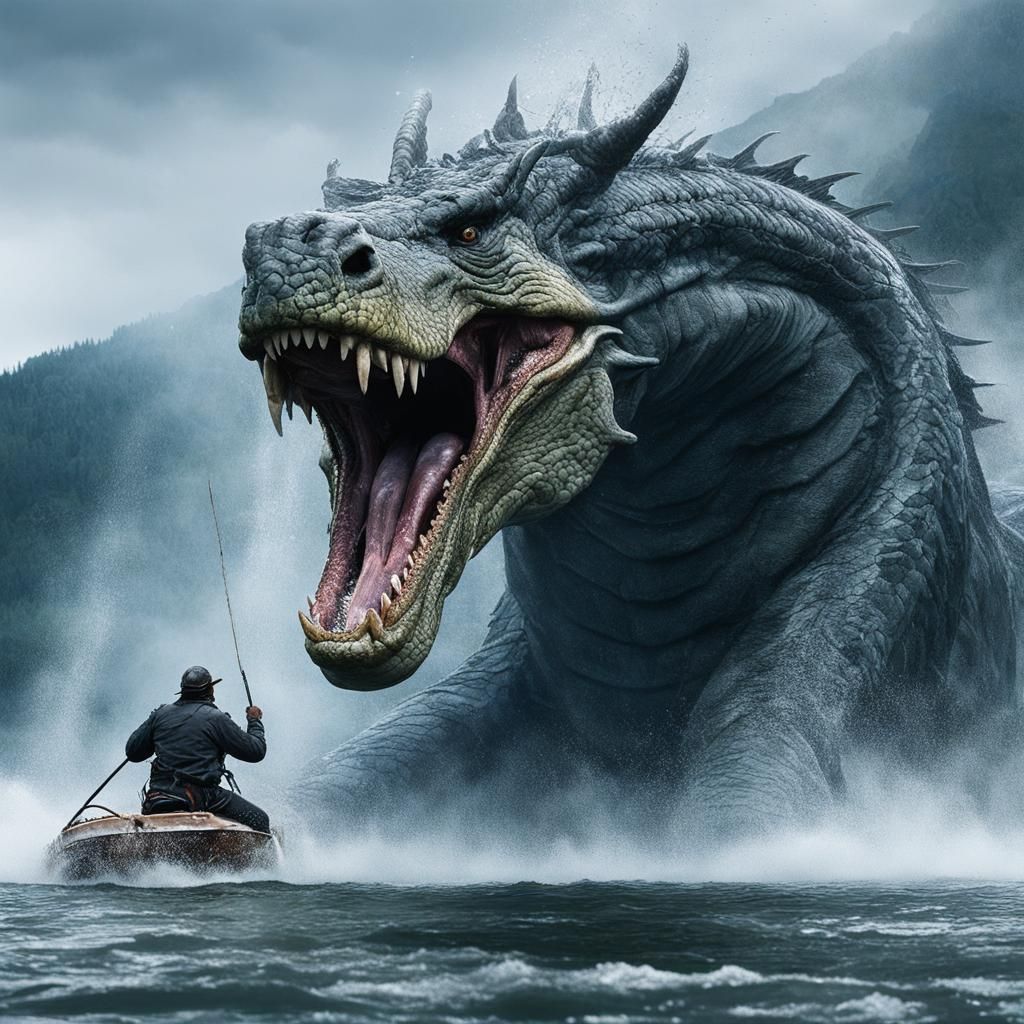 Giant Sea Serpent Emerges from Misty Lake