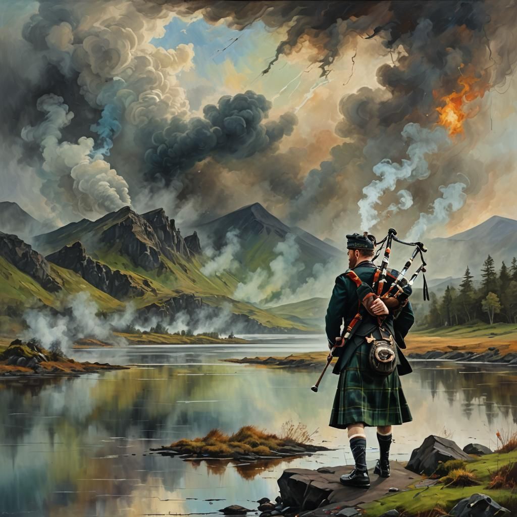Irish Bagpiper in Burnt Landscape as Oil Painting
