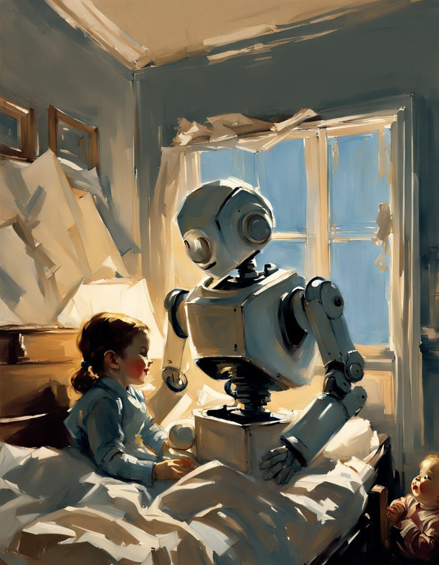 Robot Nanny Serenades Sleeping Child in a Nostalgic Sepia Ni...