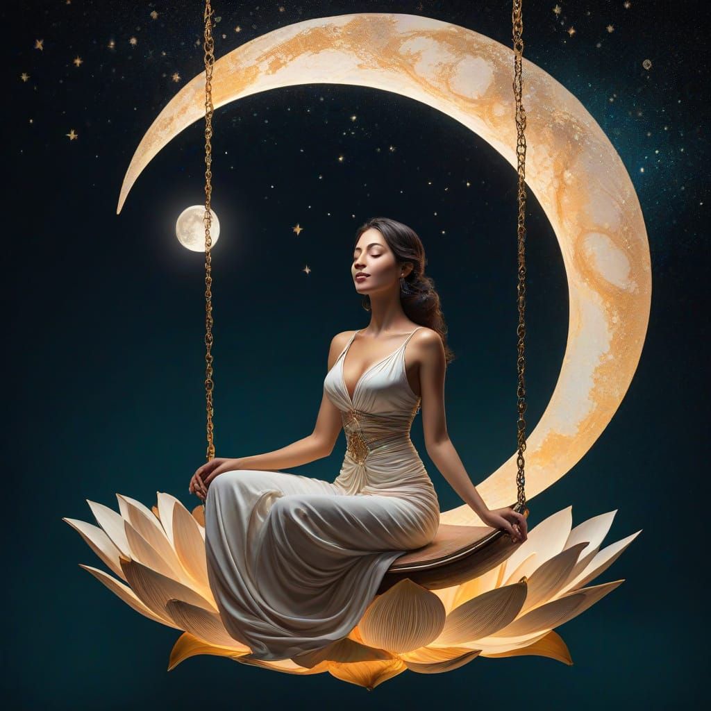 Zen Woman on Moon Swing in Colorful Night Sky
