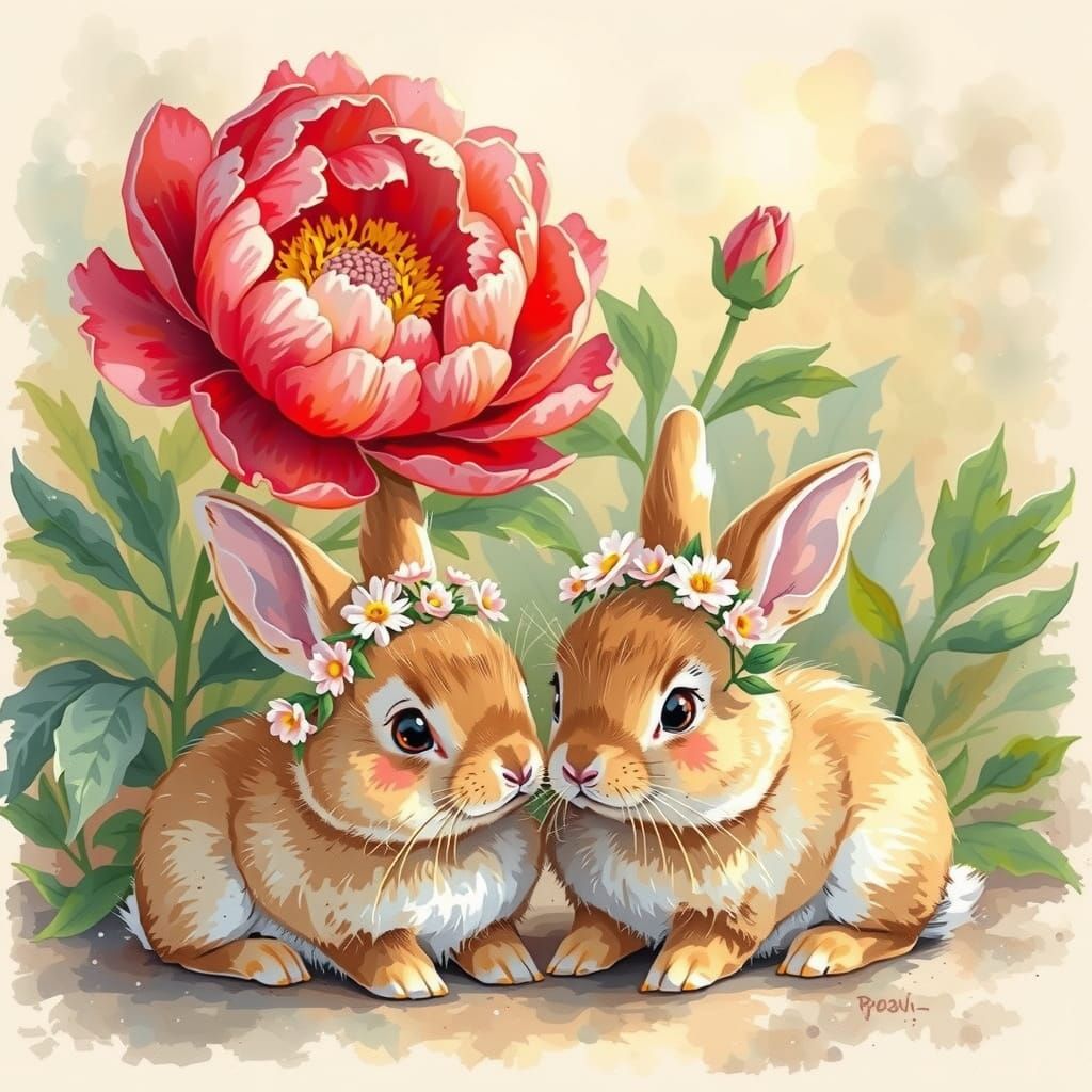 Bunnies Under Peonies: A Watercolor Illustration