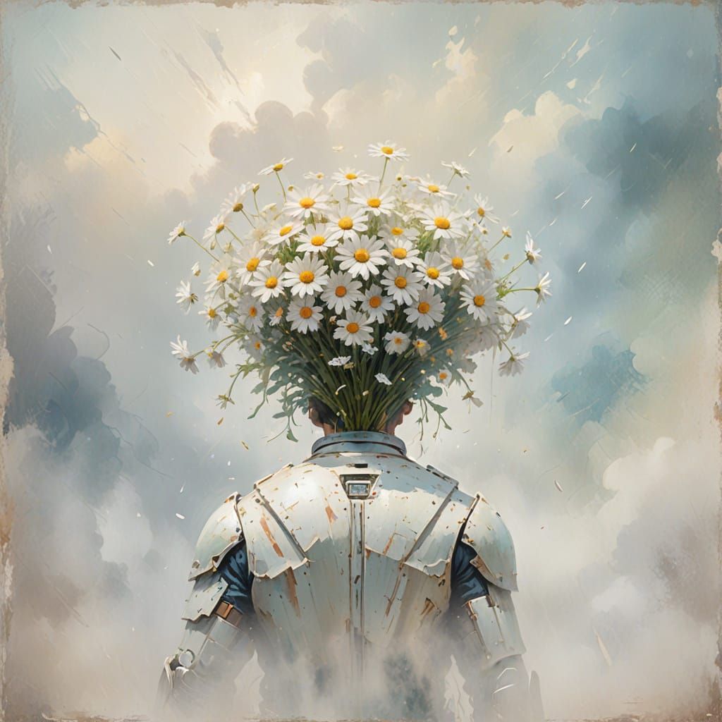 Titan Holding Daisies in Impressionistic Style
