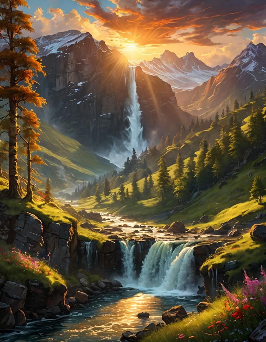Glorious Sunrise Over Mountain Waterfall as Oil Painting