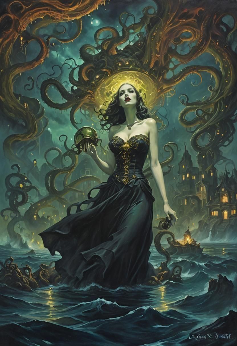 Noir Painting of Lovecraftian Ritual in Sunken City