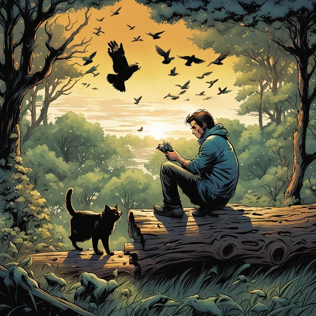Man and Cat in Comic Book Art Style