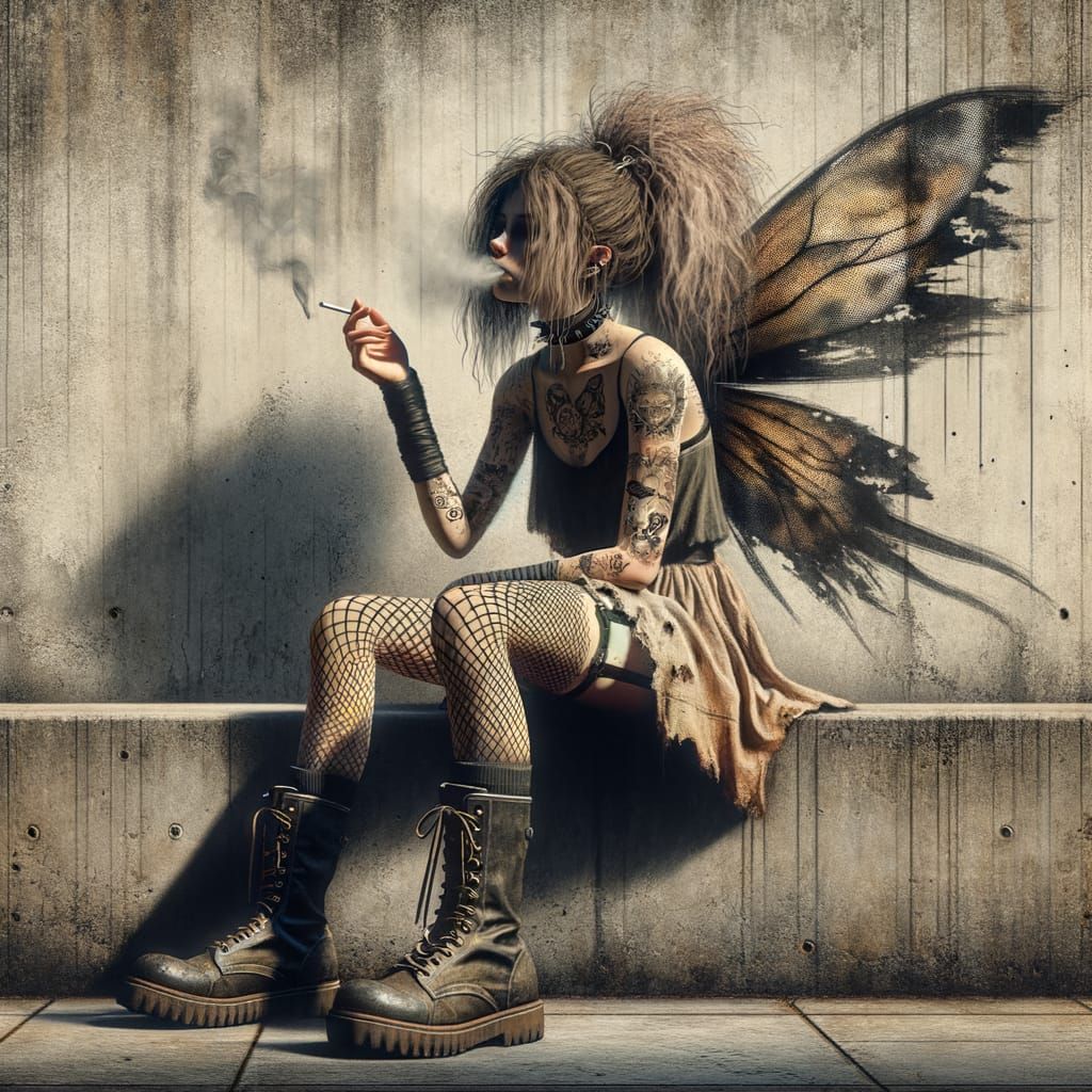 Urban Fairy Smoking a Cigarette as Impressionistic Art