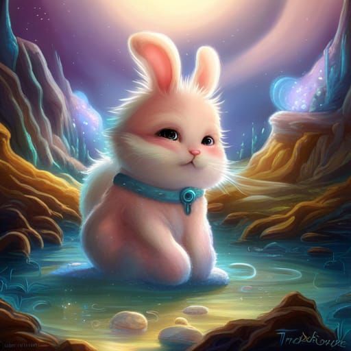 Chibi Bunny Constellation on Bioluminescent Waterfall
