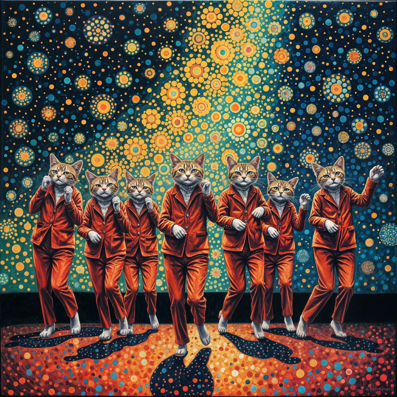 Cats Dancing on Disco Stage as Pointillist Oil Painting