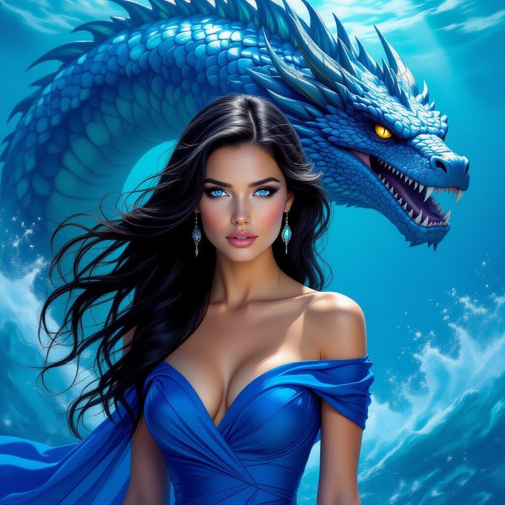 Woman in Blue Dress Faces Mythical Leviathan