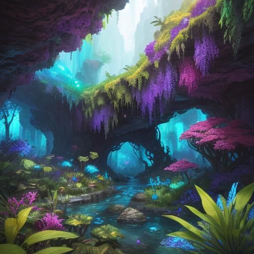 Lush Crystal Cave in Detailed Digital Matte Painting