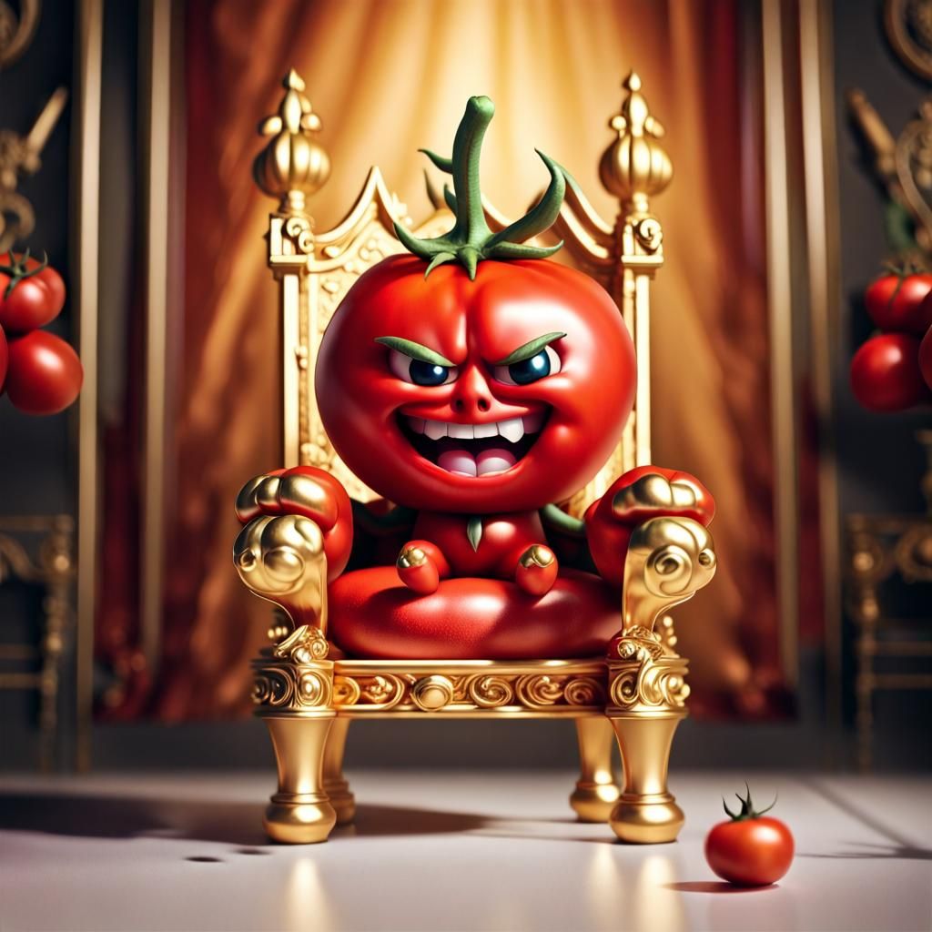 Evil Tomato on Golden Throne: Photorealistic Chibi Style