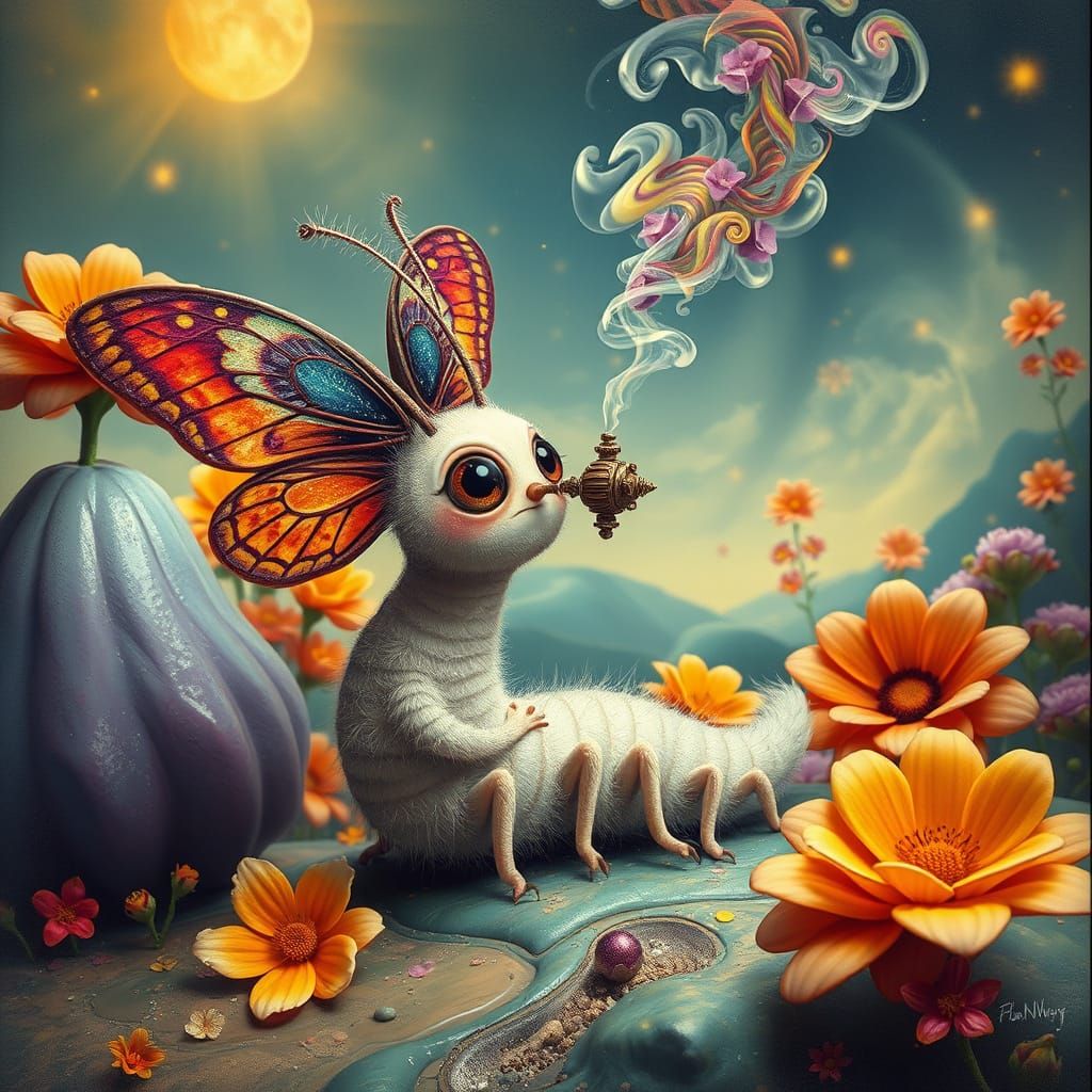 Whimsical Caterpillar Butterfly Hybrid in a Surreal Landscap...