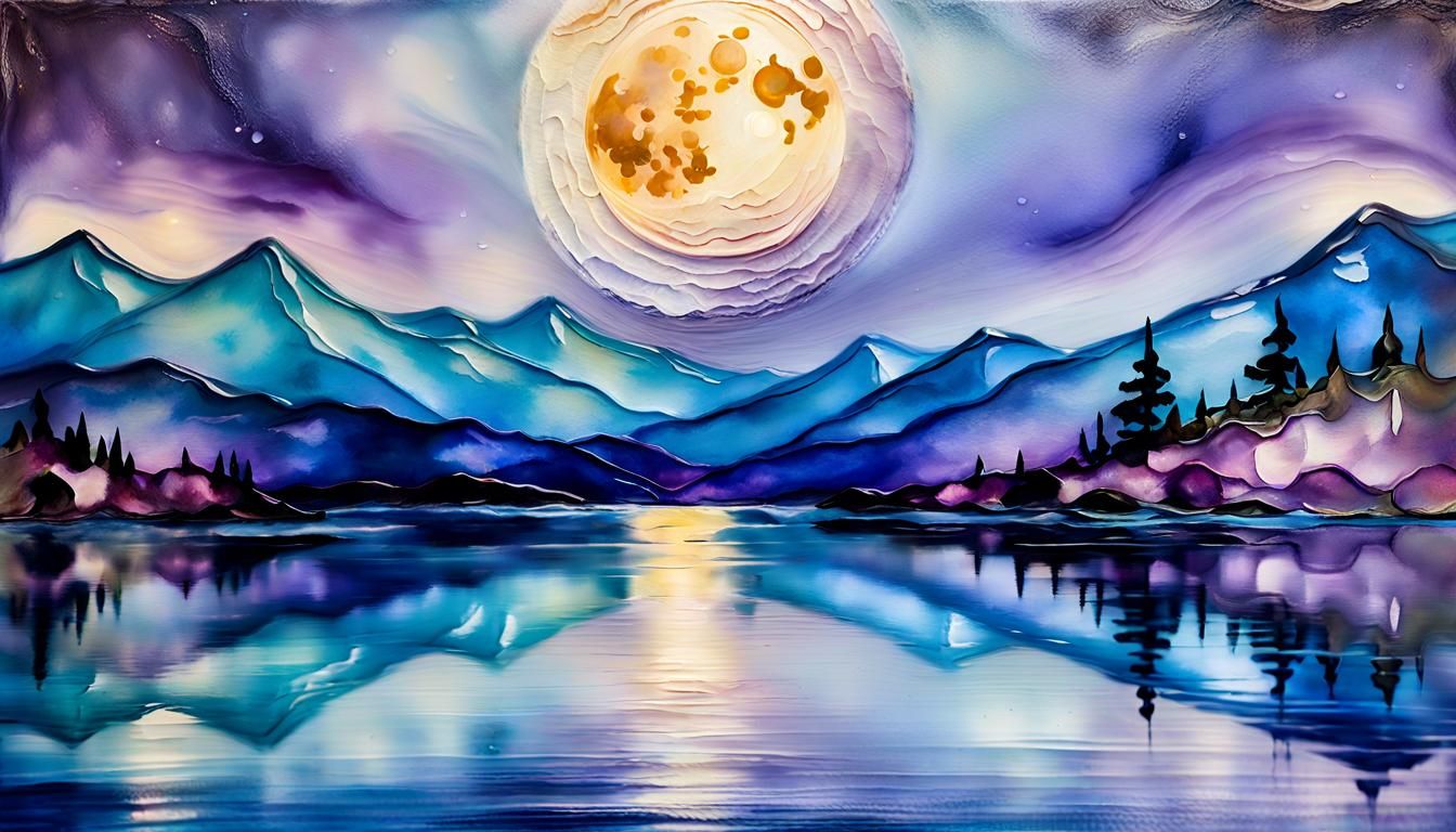 Full Moon Reflection: Encaustic Art in Mountains