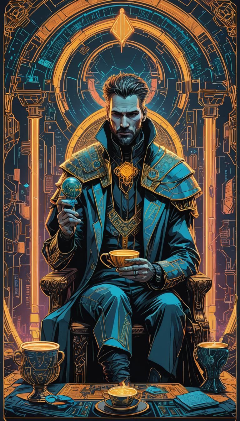 King of Cups Tarot Card in Cyberpunk Style