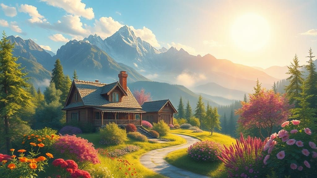 Idyllic Landscape with House and Mountains