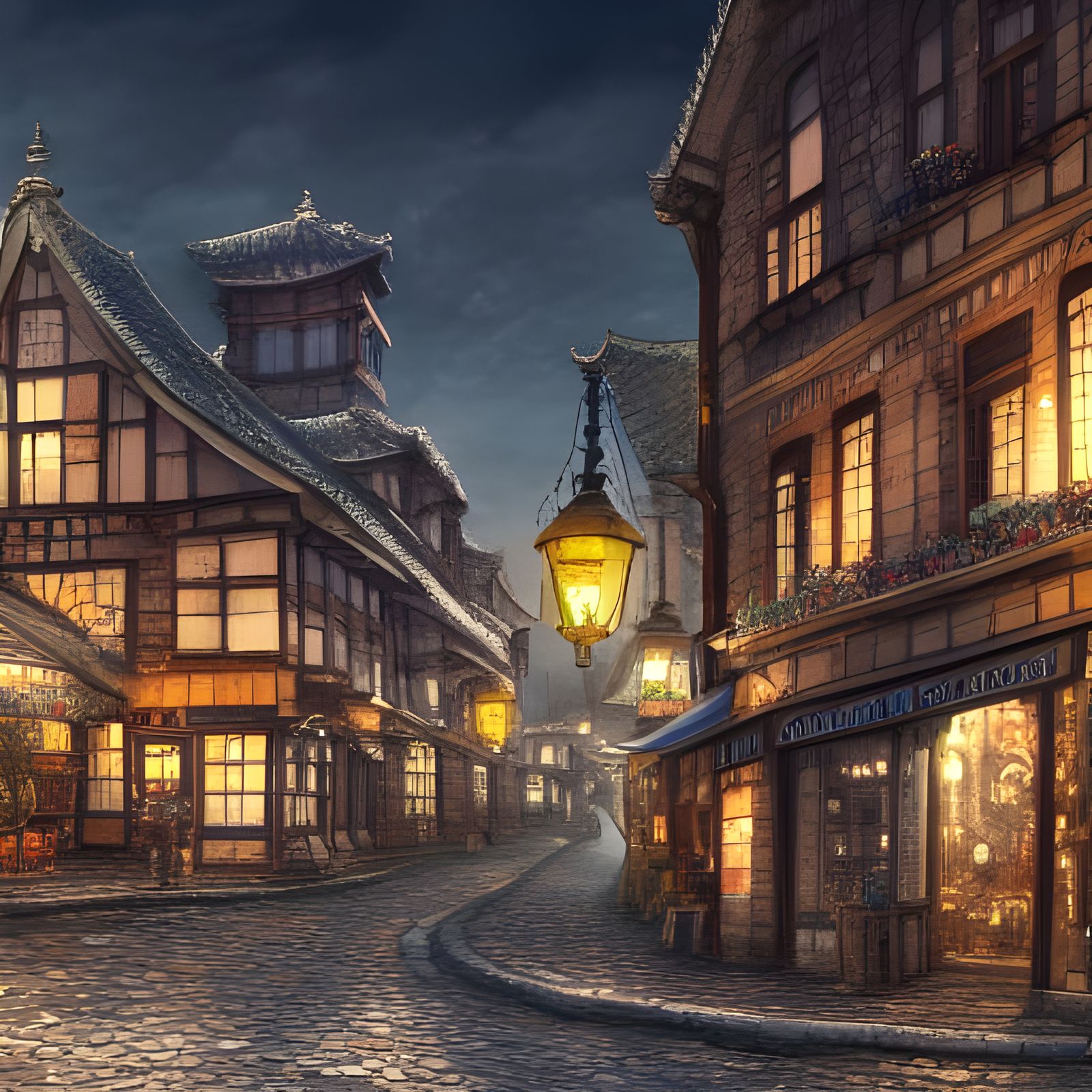 Whimsical European Village in Watercolor Style