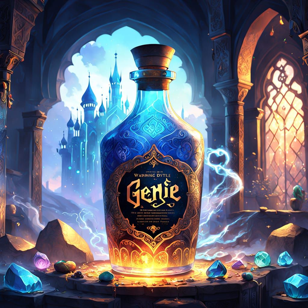 Genie in a Bottle Label with Mystical Mist and Gemstones