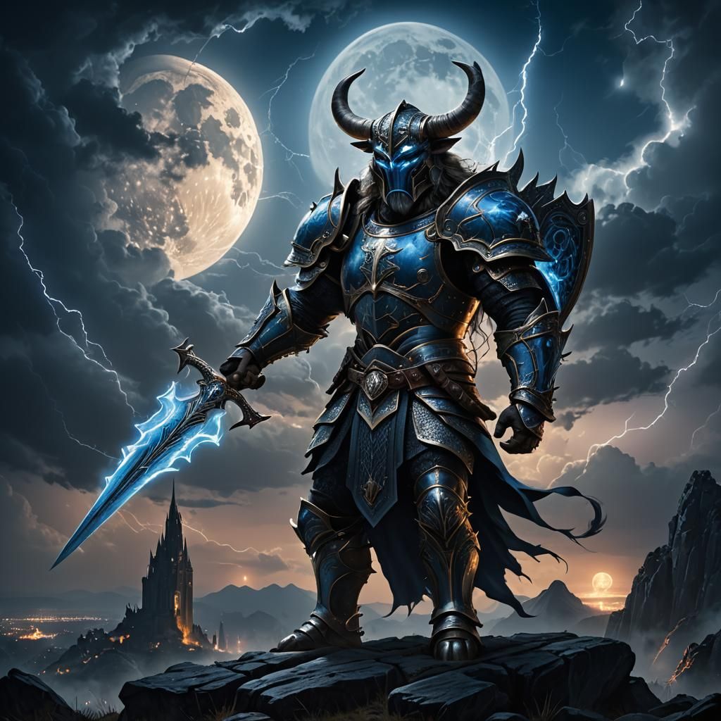 Armored Minotaur with Electrified Sword Under Moonlight