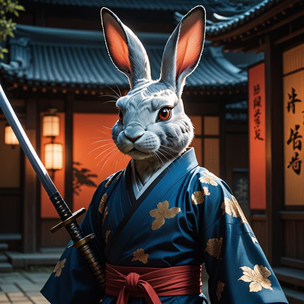 Hyperrealistic Japanese Warrior Rabbit in Kimono