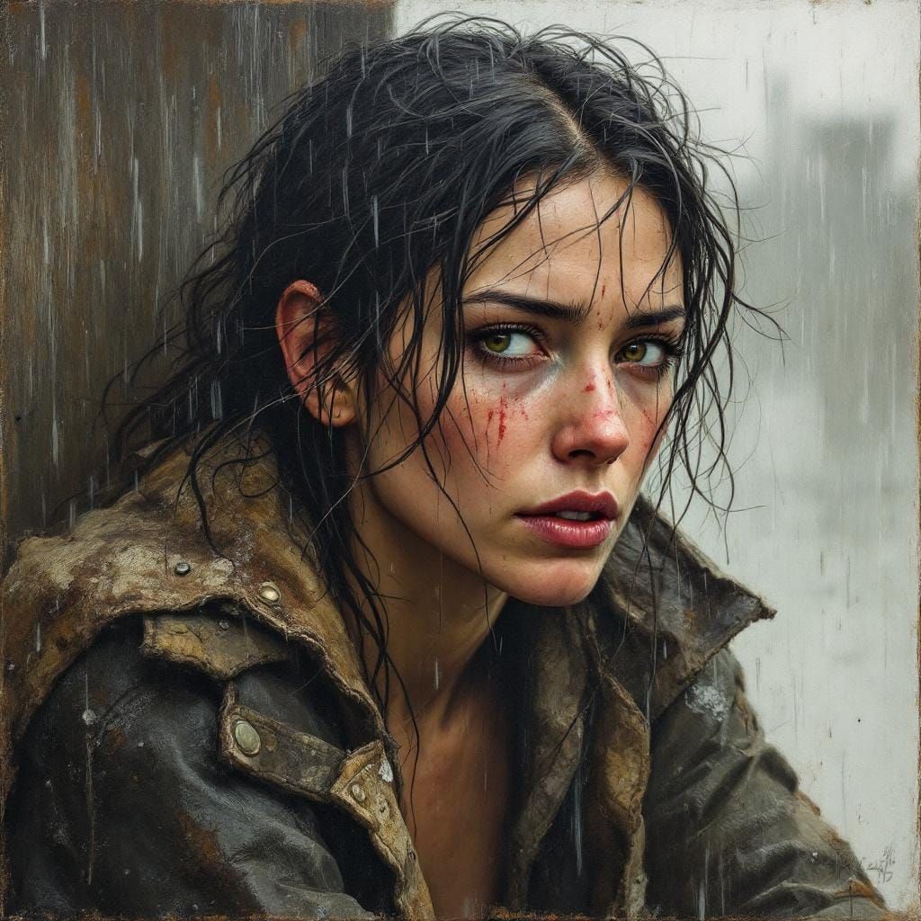 Heartbreak and Resilience: Woman in Rain, Oil Painting