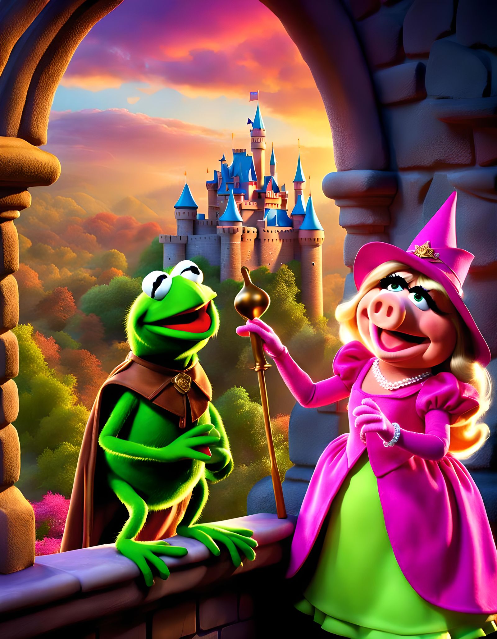Kermit the Frog, as Robin Hood dressed in forest green, sere...