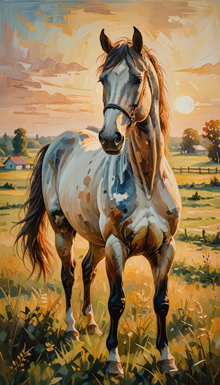 Ethereal Horse in Ukrainian Folk Art Oil Painting