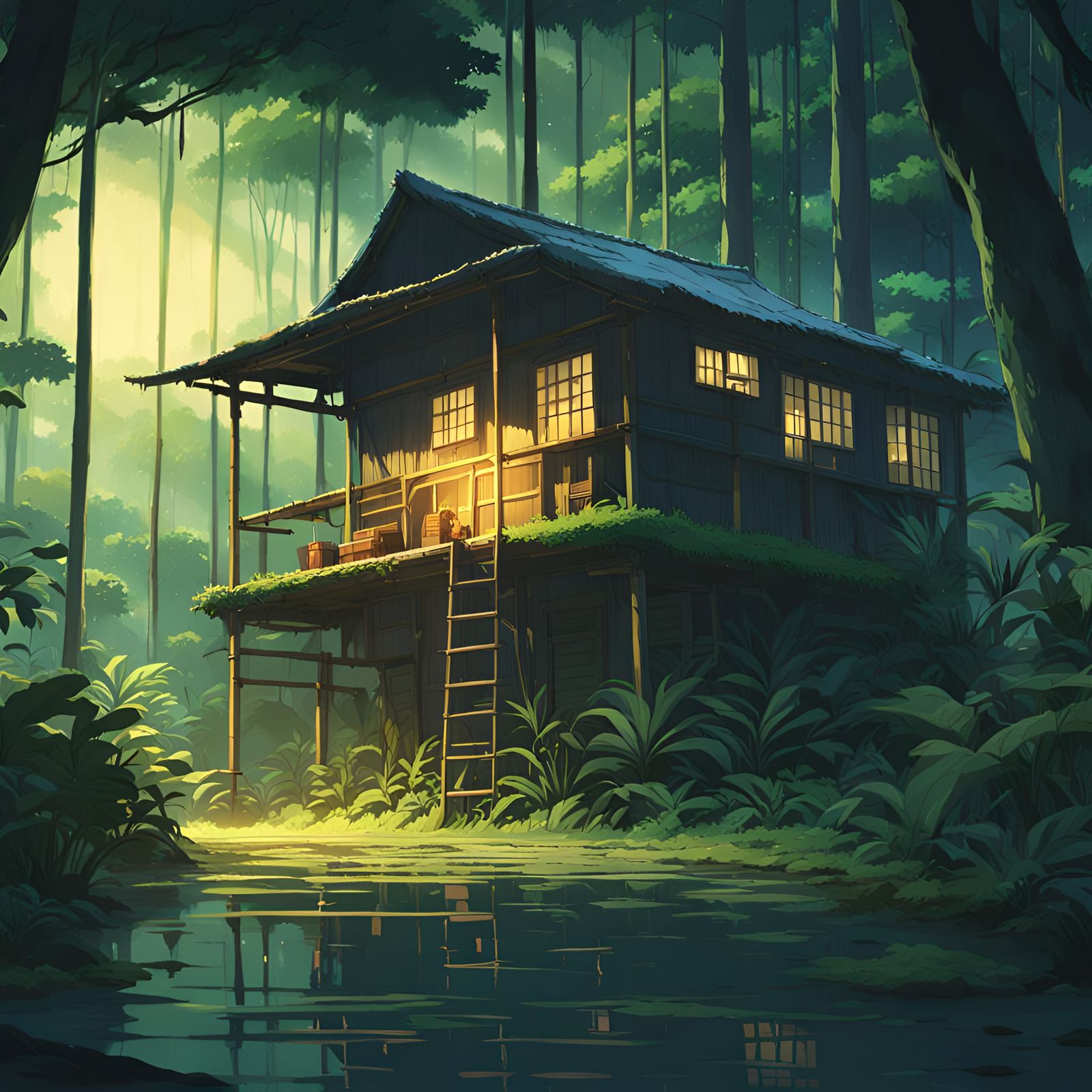 Jungle Hut at Night in Anime Style