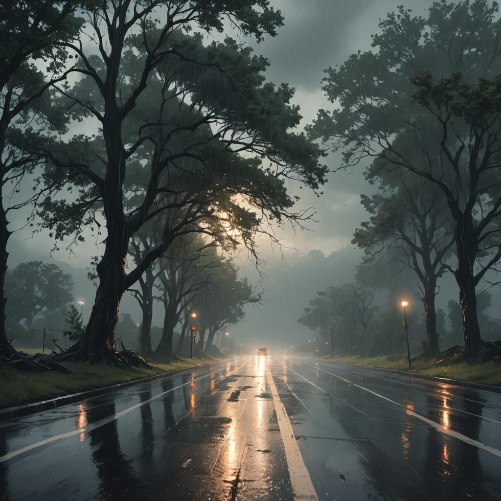 Atmospheric Rainy Road Concept Art in 4K