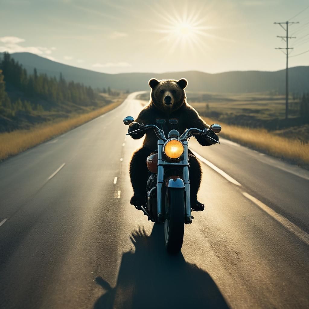 Bear on Motorcycle: Cinematic Film Still