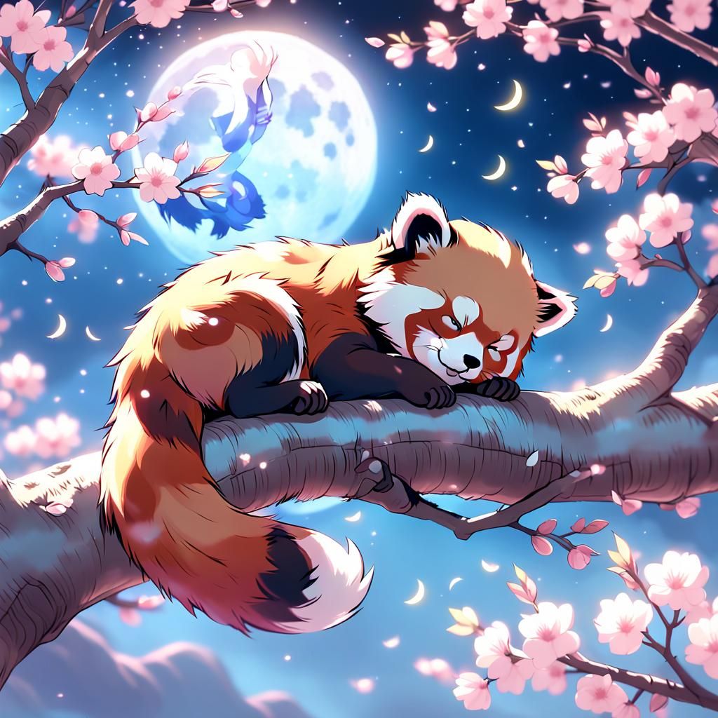 Red Panda Asleep in Cherry Blossom Tree: Anime Art