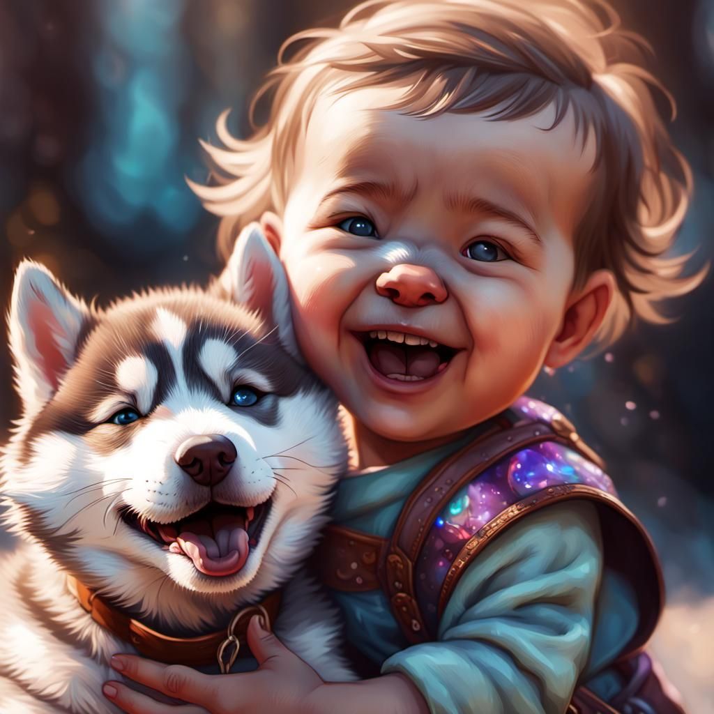 Laughing Baby Plays with Puppy: Hyperdetailed Portrait