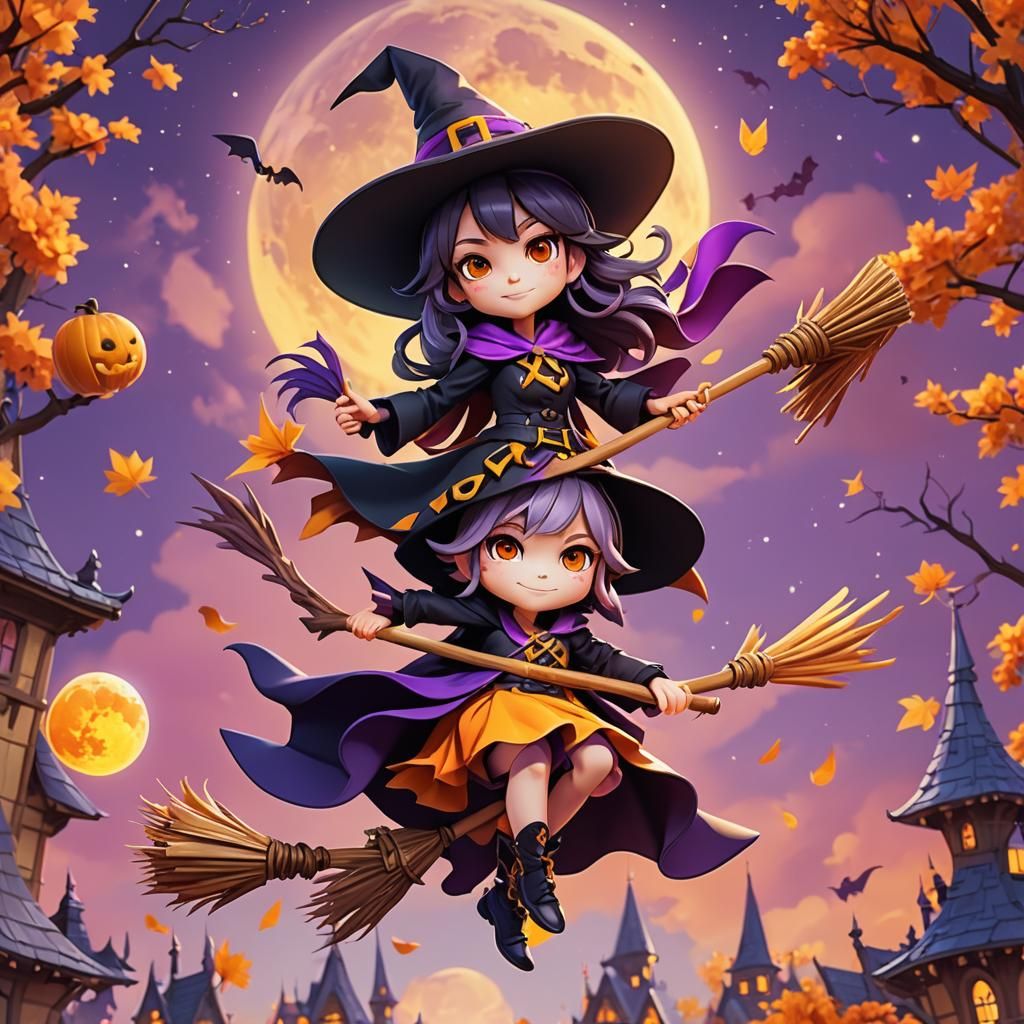 Adorable Chibi Witch Flying on Broom in Autumn