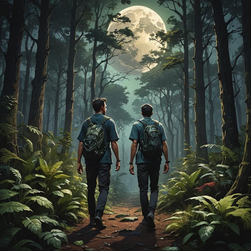 Man Walks in Moonlit Forest: Hyperrealistic Splash Art