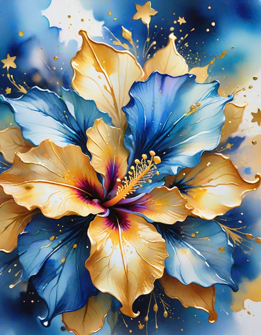 Sapphire Eyes with Golden Hibiscus in Watercolor