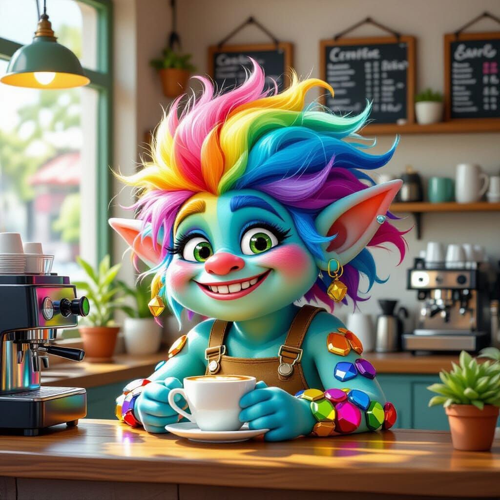 Gemstone Troll Barista in Cartoon Style