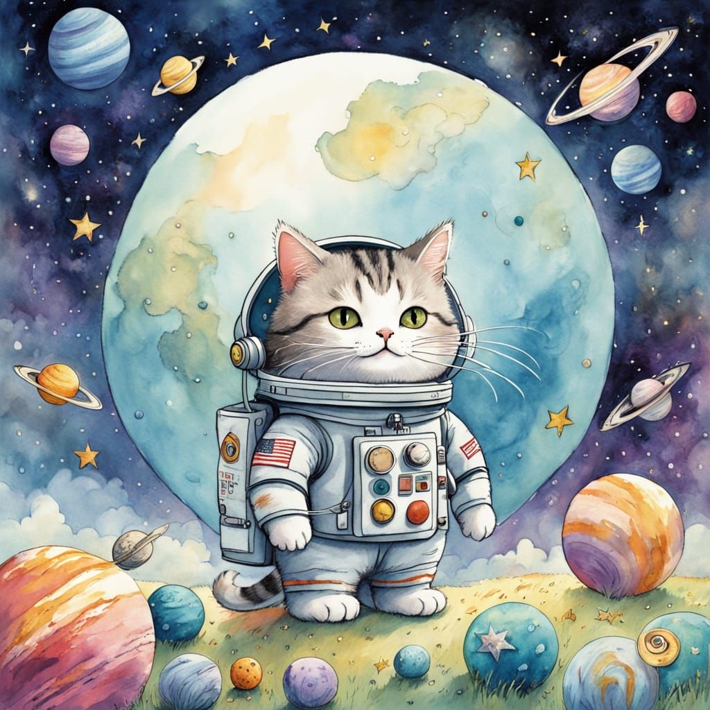Whimsical Space Cat in Dreamy Watercolor Style