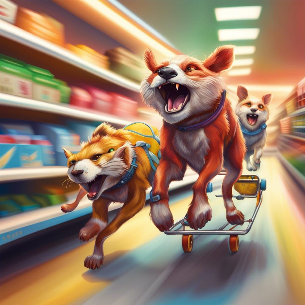 Anthro Animals Race Shopping Karts: Hyperrealistic Splash Ar...