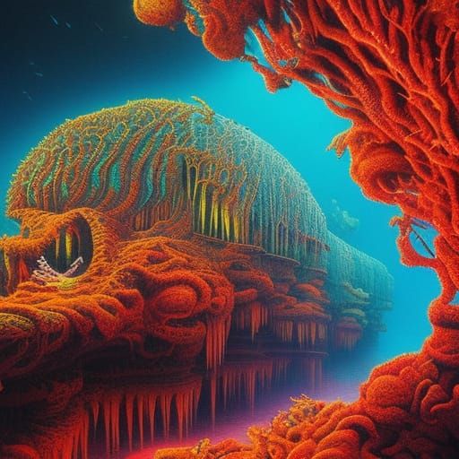 Alien Underwater Life in Psychedelic Horror Style