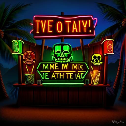 Neon tiki bar sign made with old tiki magik, it reads "death...