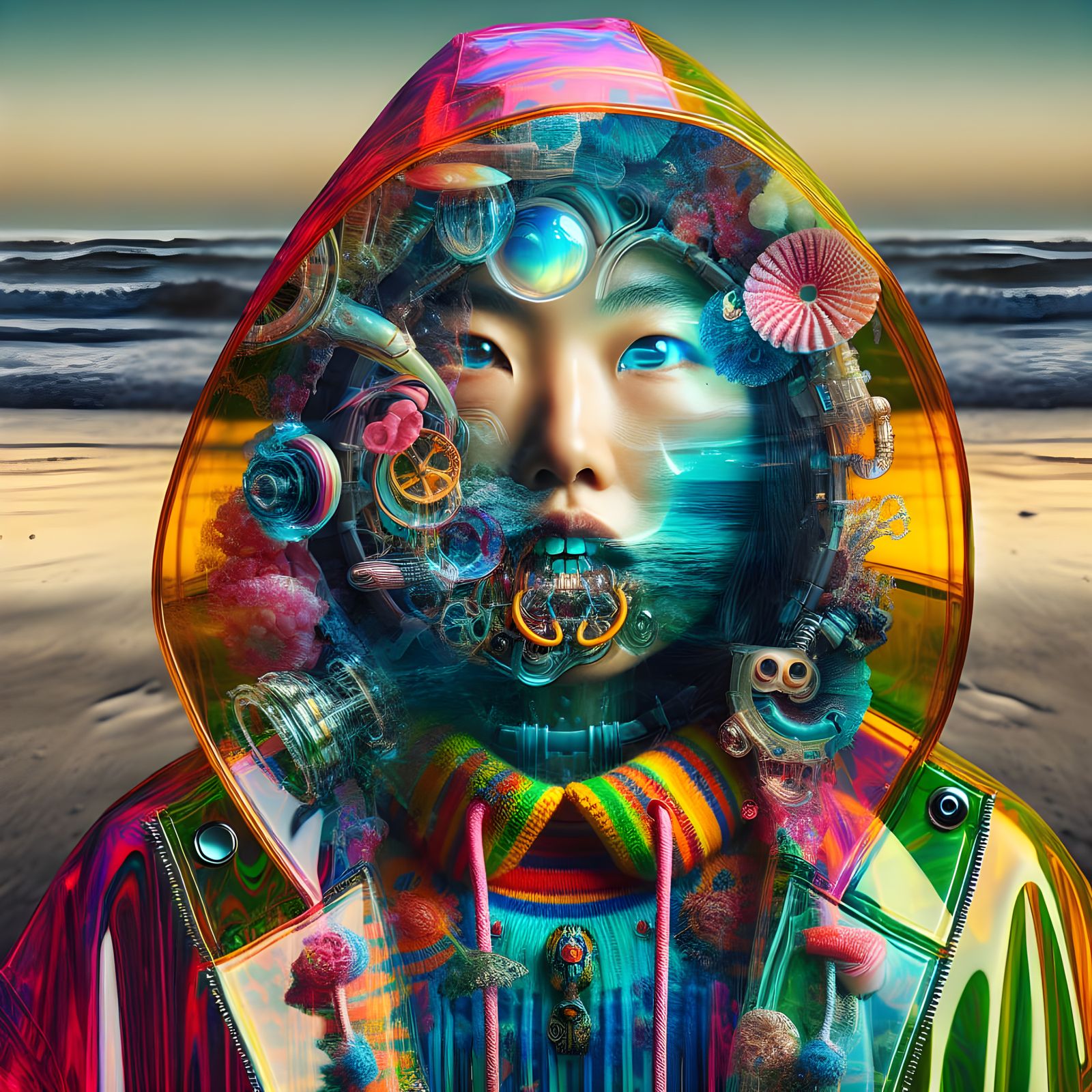 Surreal Beach Scene with Underwater Portal and Acid Punk Aes...