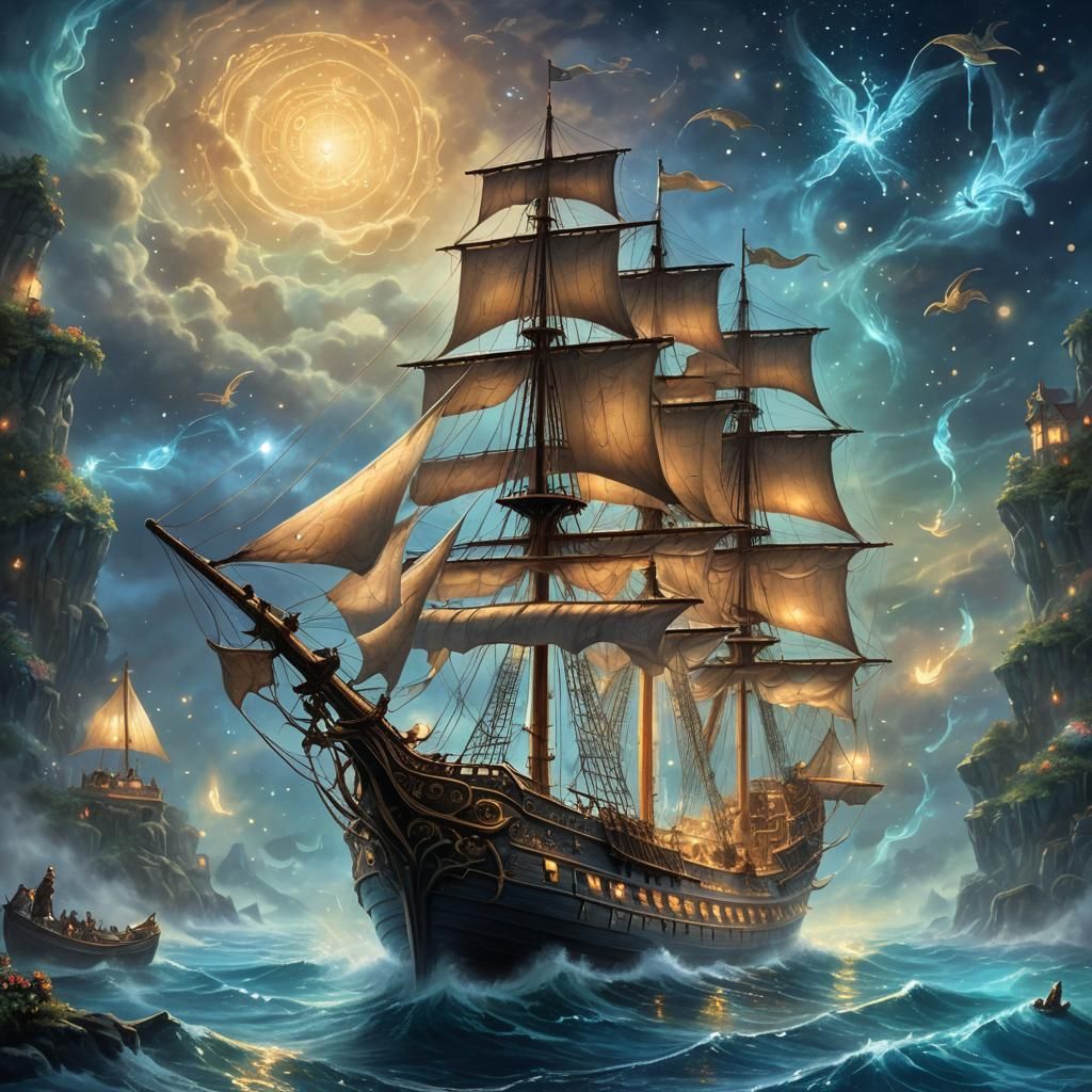Mystical Ship Navigates Bioluminescent Sea in Fantasy Art