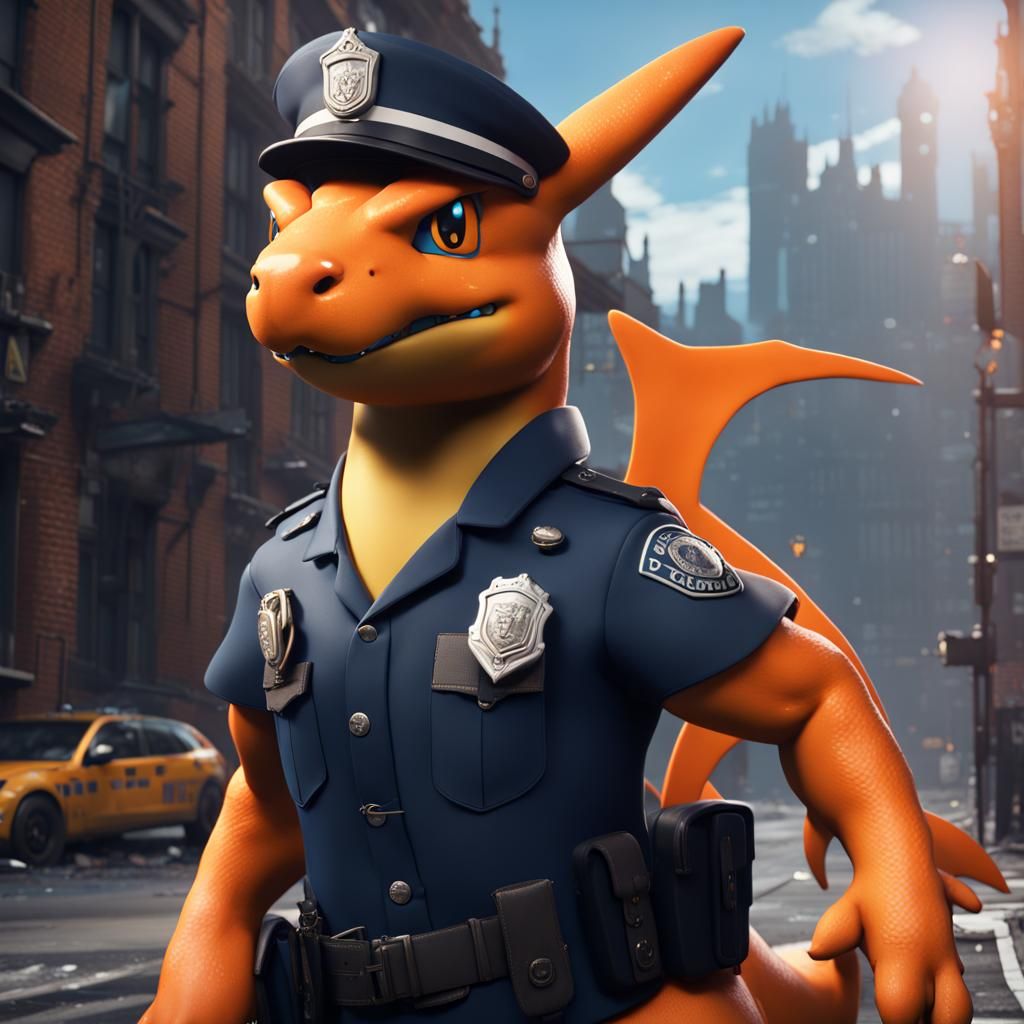 Charizard in Police Uniform: Detailed Matte Painting