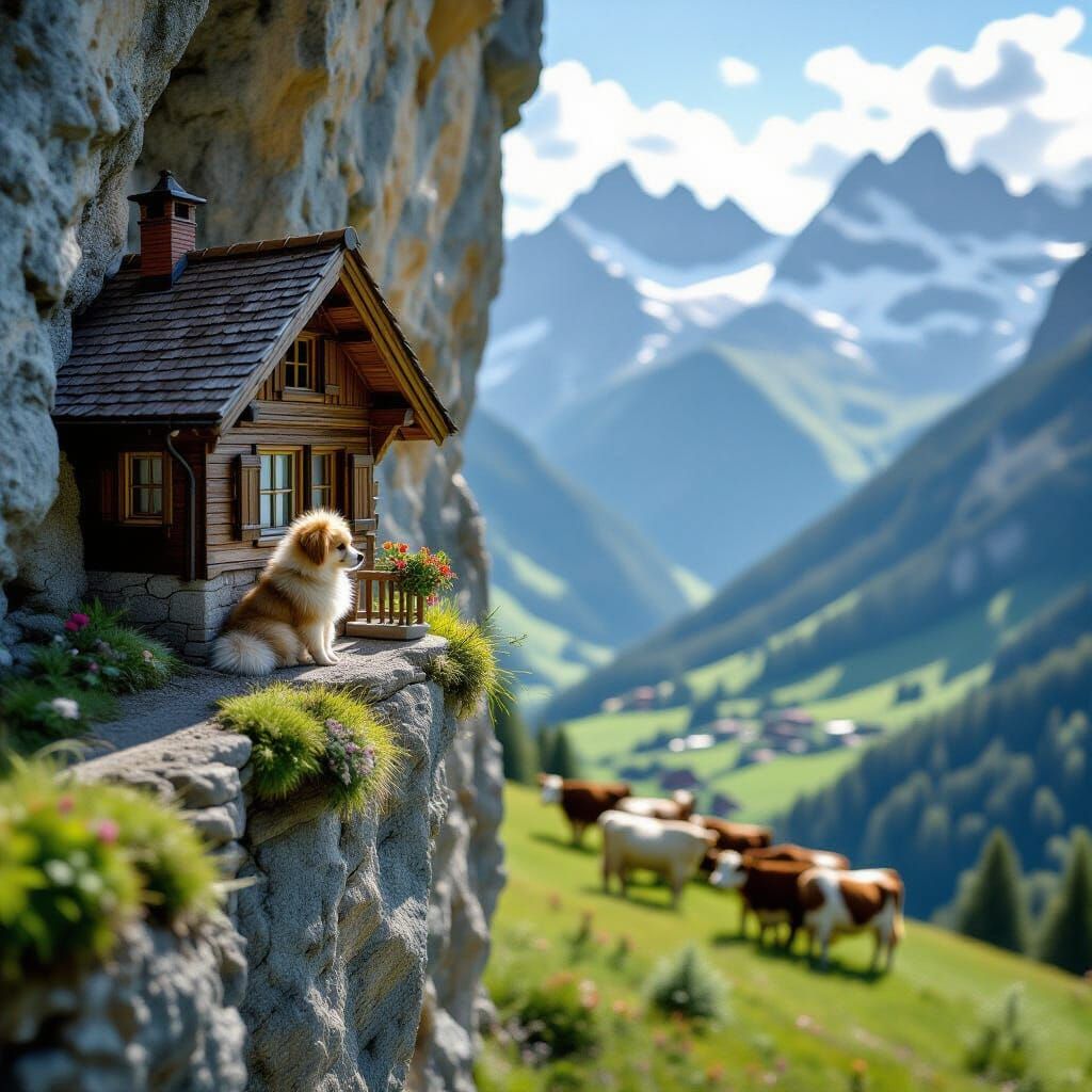 Chalet on Cliff Overlooking Cows in Alps