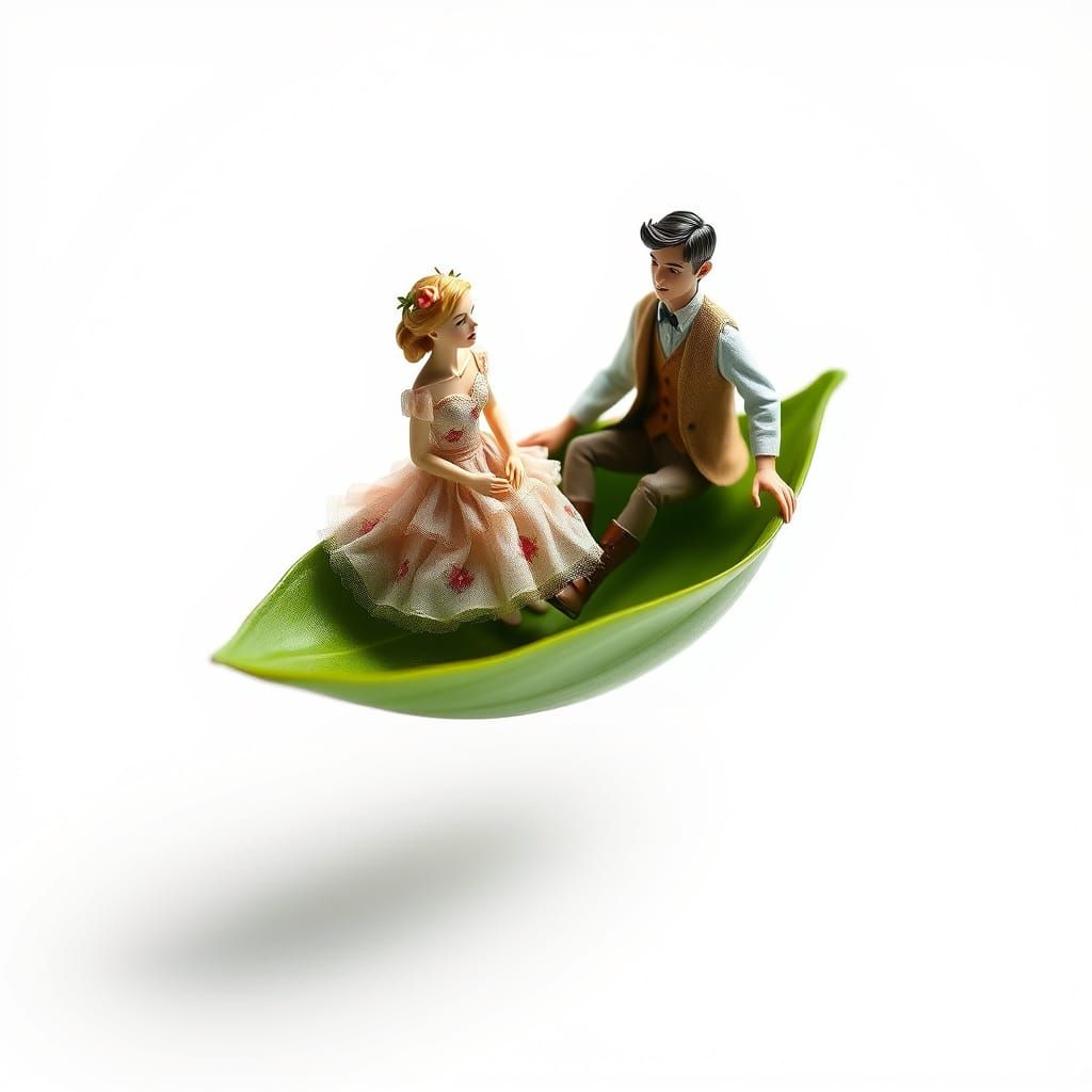 Whimsical Miniature Couple on Leaf Boat