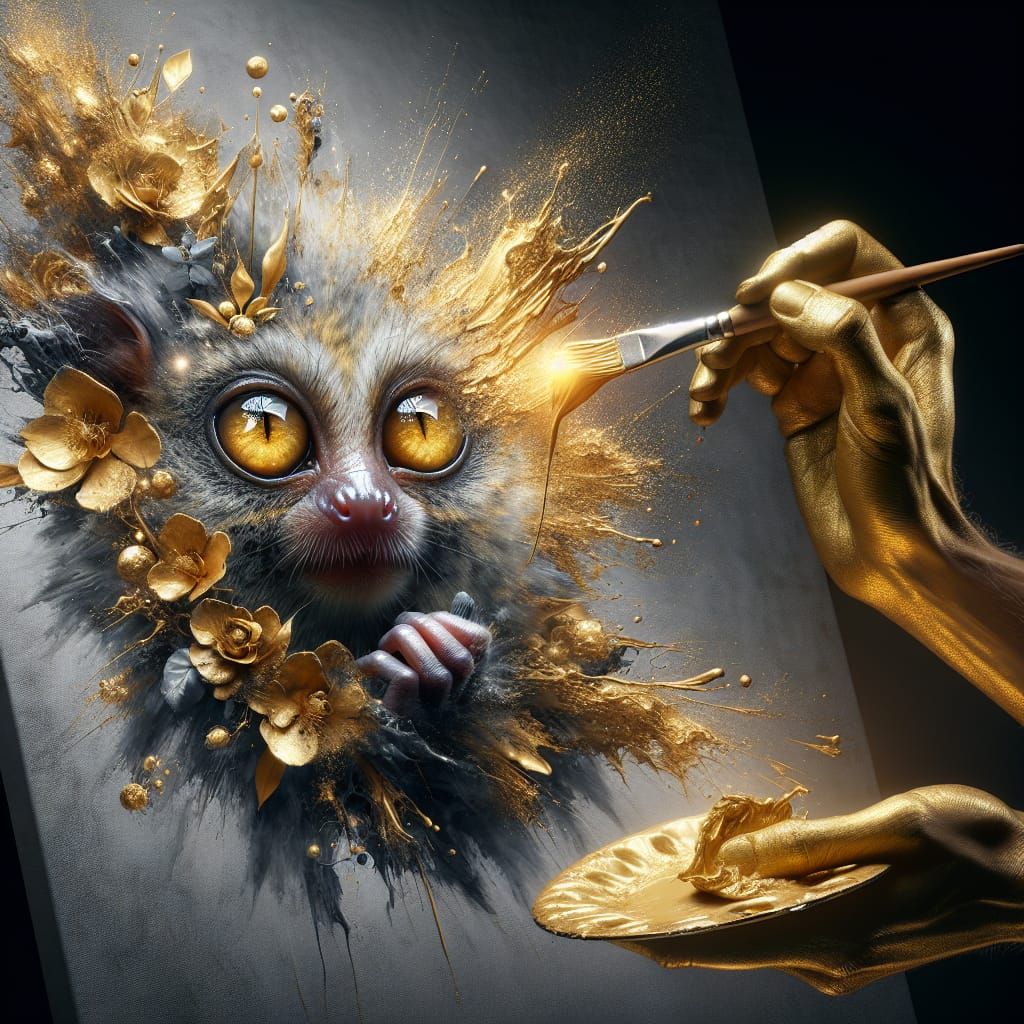 Modern Fantasy Portrait of a Tarsier in Metallic Gold
