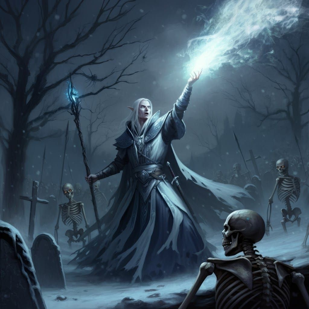 Elf Sorcerer's Magic in a Winter Graveyard