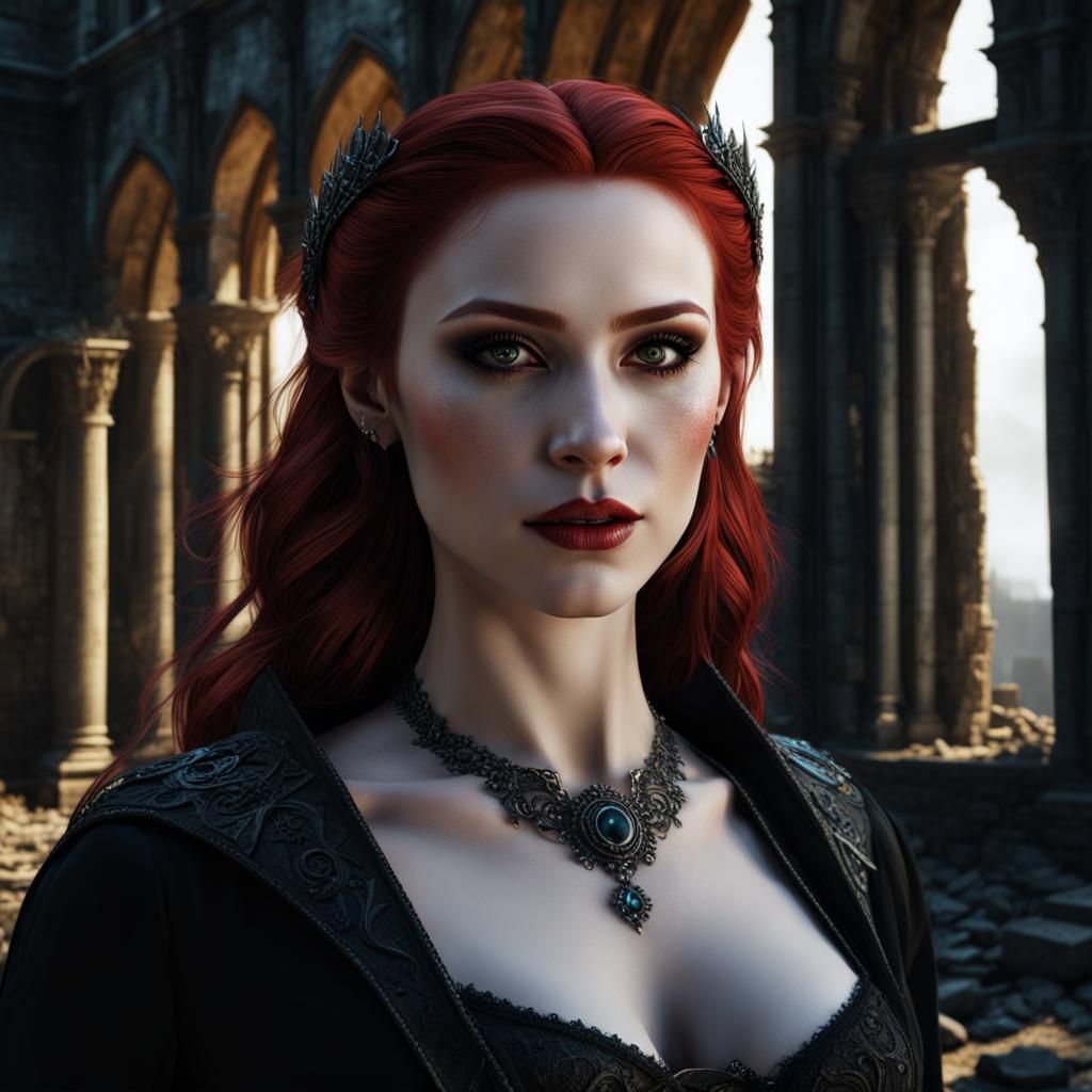 Redhead Vampire in Gothic Ruins: Photorealistic Portrait