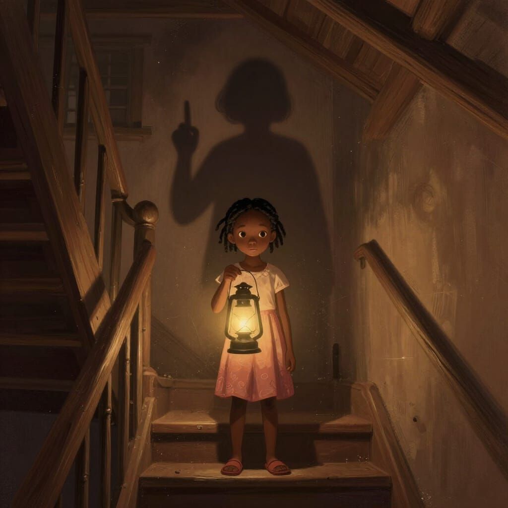 Mysterious Attic Scene With Girl and Grandmother's Shadow