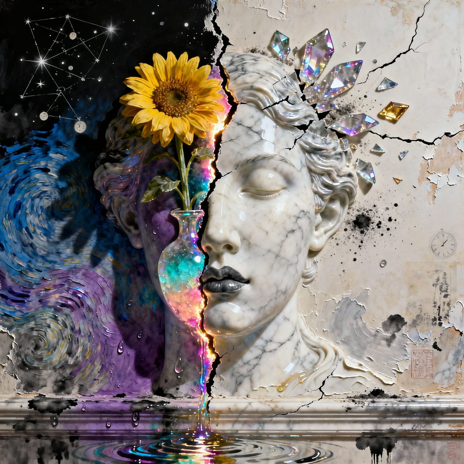 Cracked Marble Face with Rainbow Fissure and Sunflower Art
